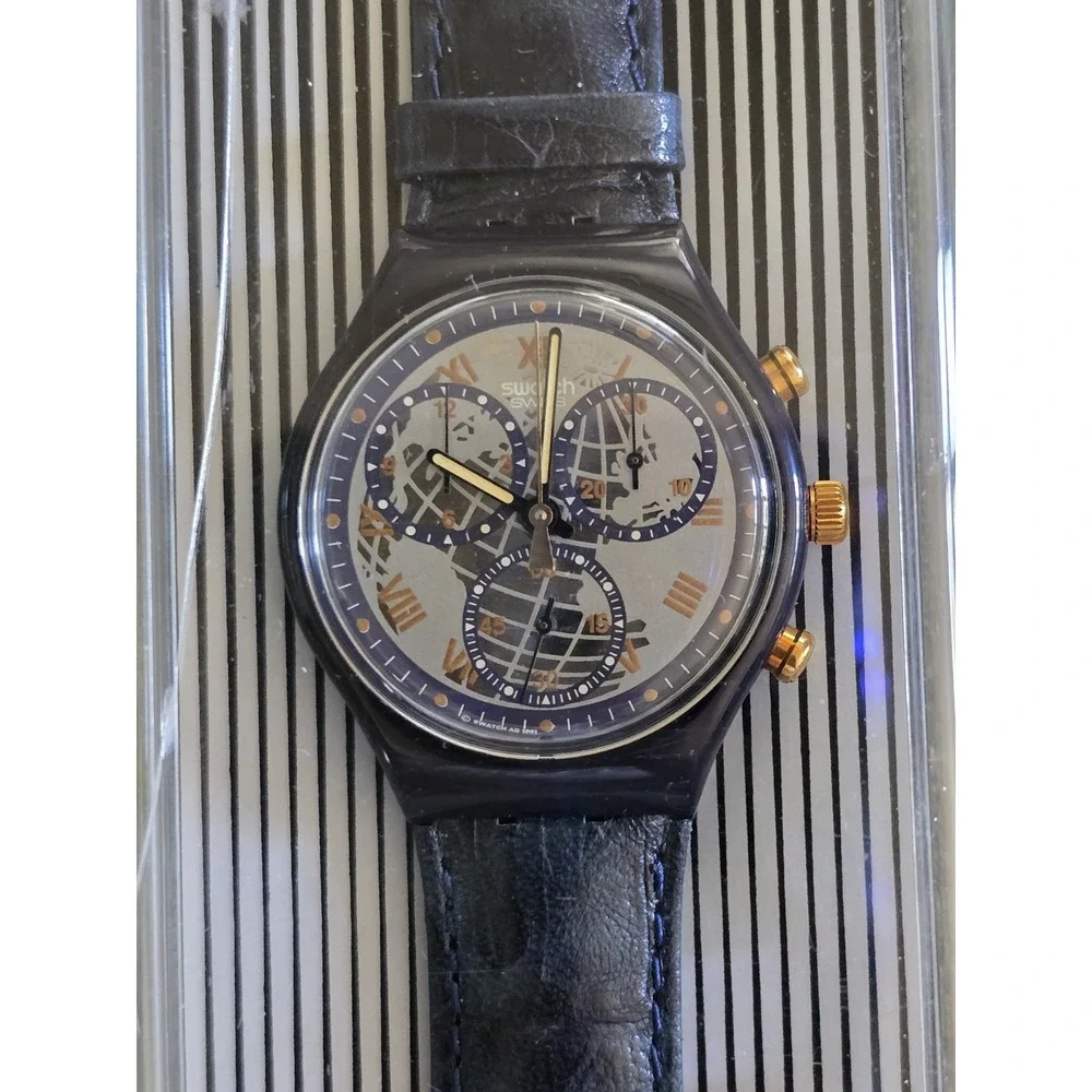 Swatch Chrono Grand Prix SCB109 Vintage Blue Leather Swiss Quartz Watch NEW